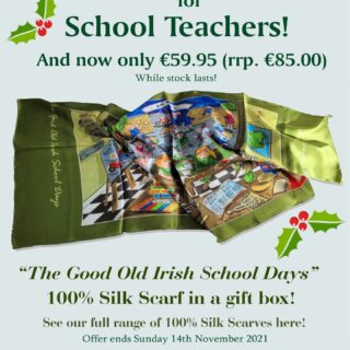 A thoughtful & novel gift for school teachers! The Good Old Irish School Days 100% silk scarf in a gift box is  on special offer on our website until this Sunday 14th November. Copy the link here:
https://www.simonewalsh.net/product-category/pure-silk-scarves/ 
#into
 #irishnationalteachersorganisation  #irishnationalteacher #schoolteachers #giftforteacher  #specialgift #irishgiftingideas  #madelocal
